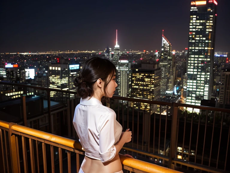 (best quality,highres,ultra-detailed:1.2),sunset rooftop,beautiful girl,holding railing,lifting Gorgeous dress,revealing her backside,sexual tantalizing pose,((spreading legs and crotch with both hands)), seductive, alluring, teasing, glamorous,provocative, fashionable, confident, stylish, sunset colors, warm glow, soft lighting,shadows and highlights, dramatic atmosphere, vibrant city view