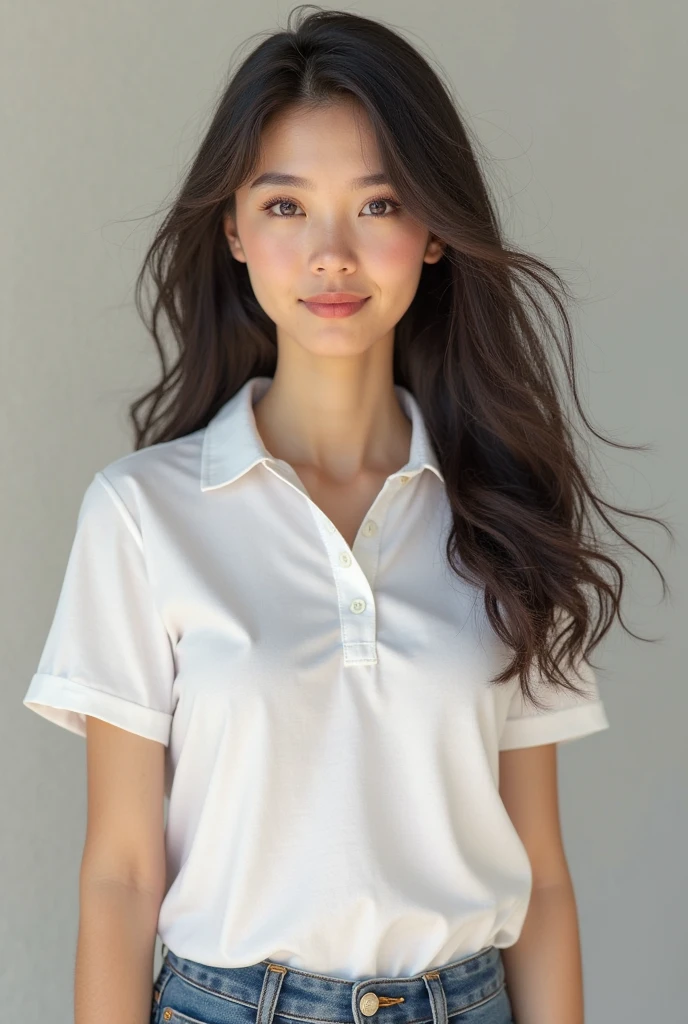 (8k, RAW Photos, Best Quality, High Resolution: 1.1), (Ultra Realistic: 1.4), (Realistic, Photorealistic: 1.3), Soft Light, Big, Girl, Realistic Face, Realistic Body, Realistic Skin, Absurdity, Masterpiece, (Cute: 1.8), Cuties, Solo, (Big: 1.2), Detailed Black Eyes, Innocent Eyes, Cheek, (T-Shirt: 1.2), Cinema Light, Film grain, jewelry, white polo shirt, ((short bob hair: 1.1)), (floating hair nova frog style)), cherry colored lips, close-up, look viewer, upper body, open lips, upper teeth, (smiling eyes: 0.6), (grinning: 1.2)), depth of field, blurred background, eye focus, bokeh, young, 85mm lens, f/1.4, Professional Lighting, Young, Portrait, Photon Mapping, Radiosity, Physically Based Rendering, No Bra