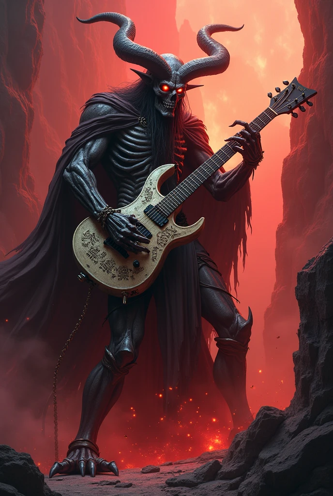 Muscular ghost with a rock-style top hat, holding a guitar at the end of time.