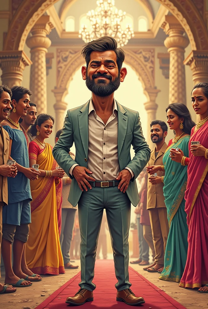 Indian 18 year old boy with normal beard sitting on royal chair and celebrating India festival happy independence day with name”Santosh”style hair or smart, shoes, also a text written “Happy independence day”at top, 3D art painting real photo wit high resol