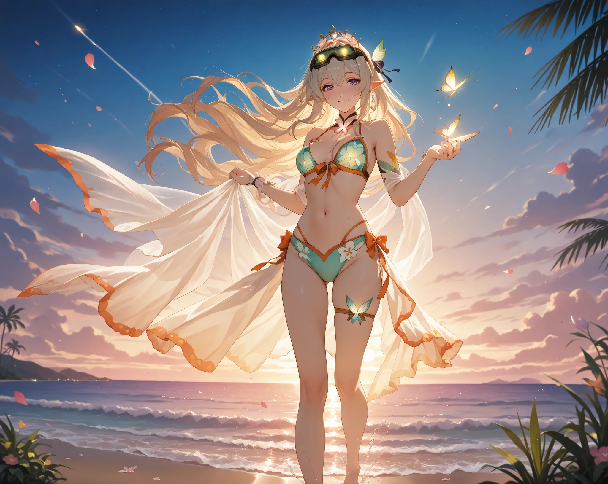 Anime Style,Swimwear,Detailed background,Magical World,A lively balcony with many people,A beautiful elf bard with a glamorous smile,Big cleavage,Healthy thighs,Underarm,Barefoot