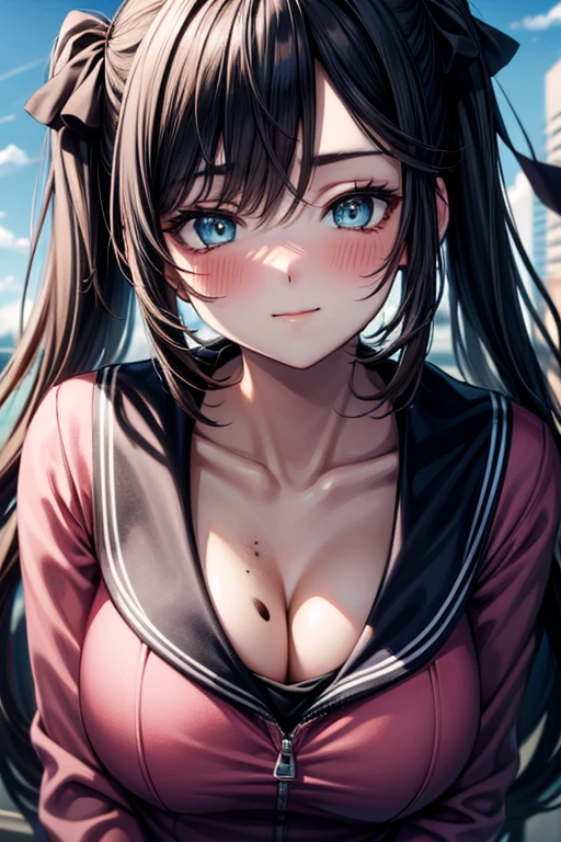 (best quality,4k,8k,highres,masterpiece:1.2),ultra-detailed,(realistic,photorealistic,photo-realistic:1.37),2D,sketch art,anime girl,black hair,busty,medium breasts,cleavage,POV,close-up,sweater,vivid colors,soft lighting