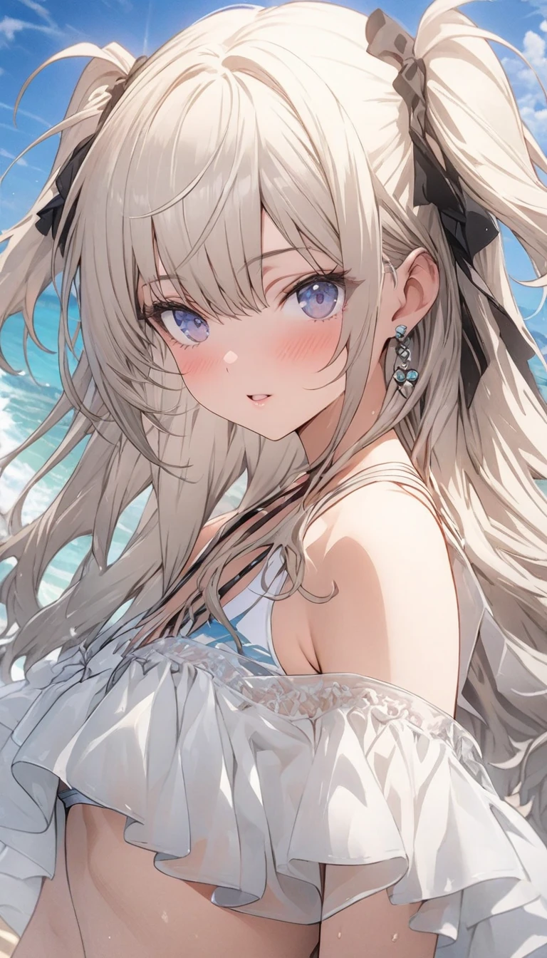 (masterpiece, best quality, highres:1.3), 4girls, chibi, flat chest, father and daughter, evening, outdoors, ocean, bokeh, hair bun, white blonde hair, heavy fringe, hair over eyes, ice blue eyes, (empty eyes:1.3), breast press, pullover, wristband, skirt up, happy, open mouth wide, (from below:0.8), pov, eye contact