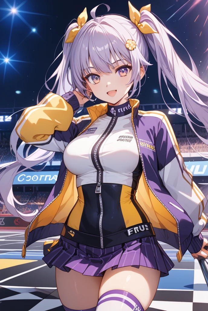 (T Masterpiece，4k wallpaper，best quality))、((girl１people))、(solo)、Brilliant，(purple hair)、(shortcut:1.3)、smile、athletic