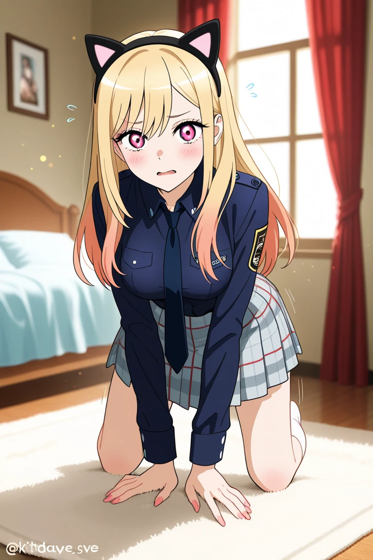 1 girl, detailed blue eyes, longeyelashes, detailed beautiful face, 4k quality, (arms behind back:1.5), bound arms, gag, gagged, shibari, bondage, close ups,masterpiece, best quality, highres, black skirt, large breasts, long skirt, shawl , cowboy shot, best quality, masterpiece, absurdres, 1girl,sitting, vibrator in pantie, tears, embressed, , beaufitul anime eyes, spread legs, m_legs,tall body, tall, long legs, mature female, mature, adult, eft_marin, kitagawa marin, blonde hair, choker, shirt, long hair, necktie, white shirt, looking at viewer, collared shirt, bangs, multicolored hair, blurry background, collarbone, upper body, blue necktie, blurry, solo, makeup, gradient hair, solo, eyelashes,pink eyes, gyaru,((kneeling, arms behind back, bound arm, bound wrists, bound legs, wrists behind waist, rope bondage, shibari over clothes)),(masterpiece:1.2)