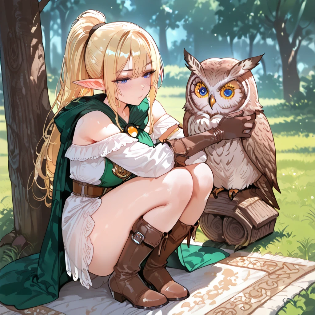 (A Sexy Female Elf,Scout Guard,charming,Temptation,Intellectual,Golden Long Hair High Ponytail,Curved Delightful,age Girl,Grass Green Cloak,White Off-Shoulder Carpet Dress,long legs,Elf Boots,blue eyes,Leather Shaft Gloves),((Handicap,Big Owl Station Gloves,Get ready to release a huge cute owl on your arm)),Squatting on a Tree Branch