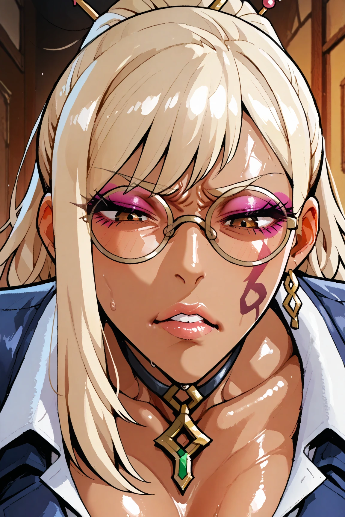Integra hellsing, detailed face, long blode hair, breasts, large breasts, breast focus