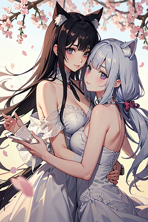 Masterpiece, high resolution, high quality, 2 girls, bouquet, black kimono, big breasts, cat ears, floral pattern, red eyes, black hair, ponytail, white kimono, big breasts, cat ears, floral pattern, yellow eyes, white hair, twin tails