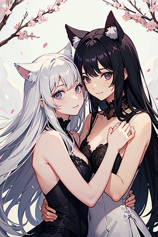 good anatomy, 2 girls, mature female, hugs, light smile, fox ears, lace dress, hair between eyes, streaked hair, long hair, large breasts