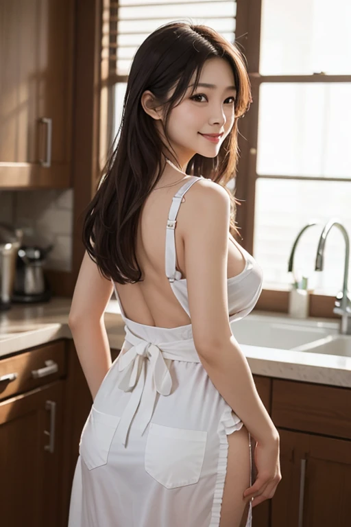 soft light,big,young girl,Asian,realistic face,plump body,realistic skin,confused,masterpiece,(cute:1.8), jewelry,Earrings Hesium Hair:1.1)), ((floating hair)),whole body, open lips, (smiling eyes:0.6), written boundary depth, blurred background, focus of the eye, 85mm lens, f/1.4,professional lighting, portrait,photon mapping,kitchen,Cooking、Transparent white apron,big breasts,My chest is rubbed by a man、Close your eyes and feel、From the back、The ass is see-through