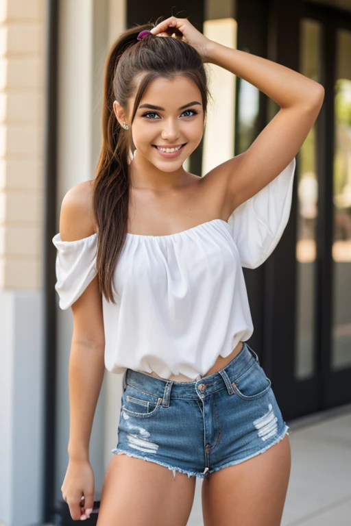 Highest quality, 8K, Very delicate and beautiful, On the beach,Highly detailed face and skin texture, High resolution, Dressed in stylish summer clothes、A sexy long-haired Japanese girl with tanned skin is standing in the street and smiling, whole body, Sharp focus,Random Face,Random Posing,20-year-old female,