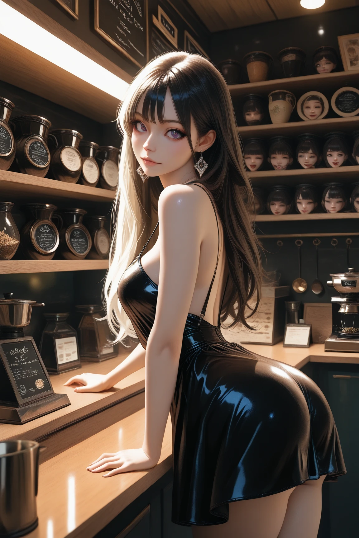 8K quality、High definition male、つま先立ちをするCoffee shopの女店員、Brown and purple long hair、Brown eyes、Ring piercing of the earlobe、Bright sunshine、Coffee shop、Beige sleeveless tunic with an open neckline、Deep slit skirt、Beautiful legs、Beautiful thighs、Dignified face、Small breasts、Seduce、slender、Model Body Type、Ripe body、Neat 30 year old woman、Flip-up skirt、Shooting from behind、Hold your butt、Showing off female genitalia、nude hip,nude legs,nude crotch、Tight ass