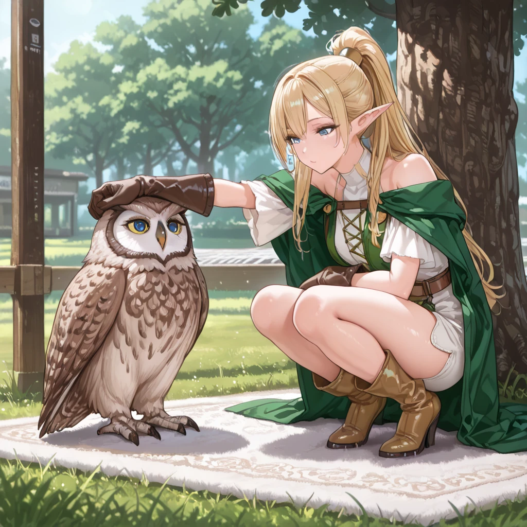 (A Sexy Female Elf,Scout Guard,charming,Temptation,Intellectual,Golden Long Hair High Ponytail,Curved Delightful,age Girl,Grass Green Cloak,White Off-Shoulder Carpet Dress,long legs,Elf Boots,blue eyes,Leather Shaft Gloves),((Handicap,Big Owl Station Gloves,Get ready to release a huge cute owl on your arm)),Squatting on a Tree Branch