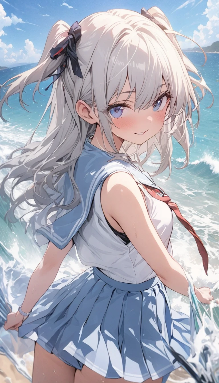 girl, smile nicely, full body, silver long hair tied to twin tales, cute and kind, sapphire blue eyes, in