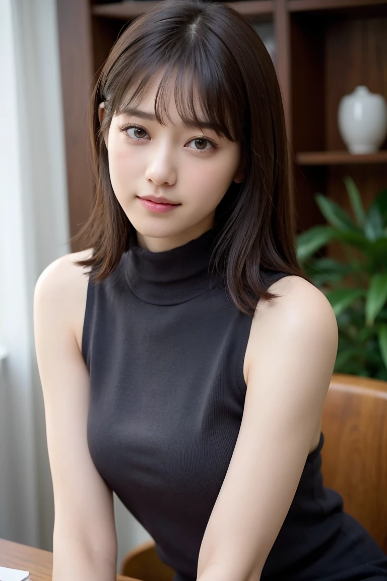 (8k, RAW Photos, highest quality, Tabletop: 1.45), (Realistic, PhotoRealistic: 1.37), one girl, cute, smile, Daytime, Professional Lighting, Tabletop, Rich details, (素晴らしいhighest qualityの写真), (Fine Eye) , High quality photos, High resolution, (Tabletop), Realistic, Extreme light and shadow, Gradient black hair, Small breasts, Even bangs、Bob Hair、28 years old、light makeup、Look in front of you, Thin clavicle,Deep V-neck slip dress, (Improve the beauty of skin texture:1.1),