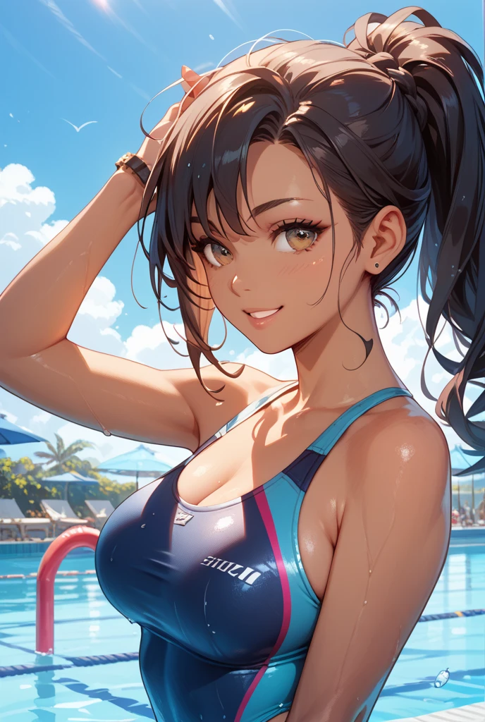 (masterpiece, best quality:1.3)
DOAHitomi, 1girl, solo, long hair, bangs, rooftop pool, sunset, vibrant and colorful light reflecting on the water
