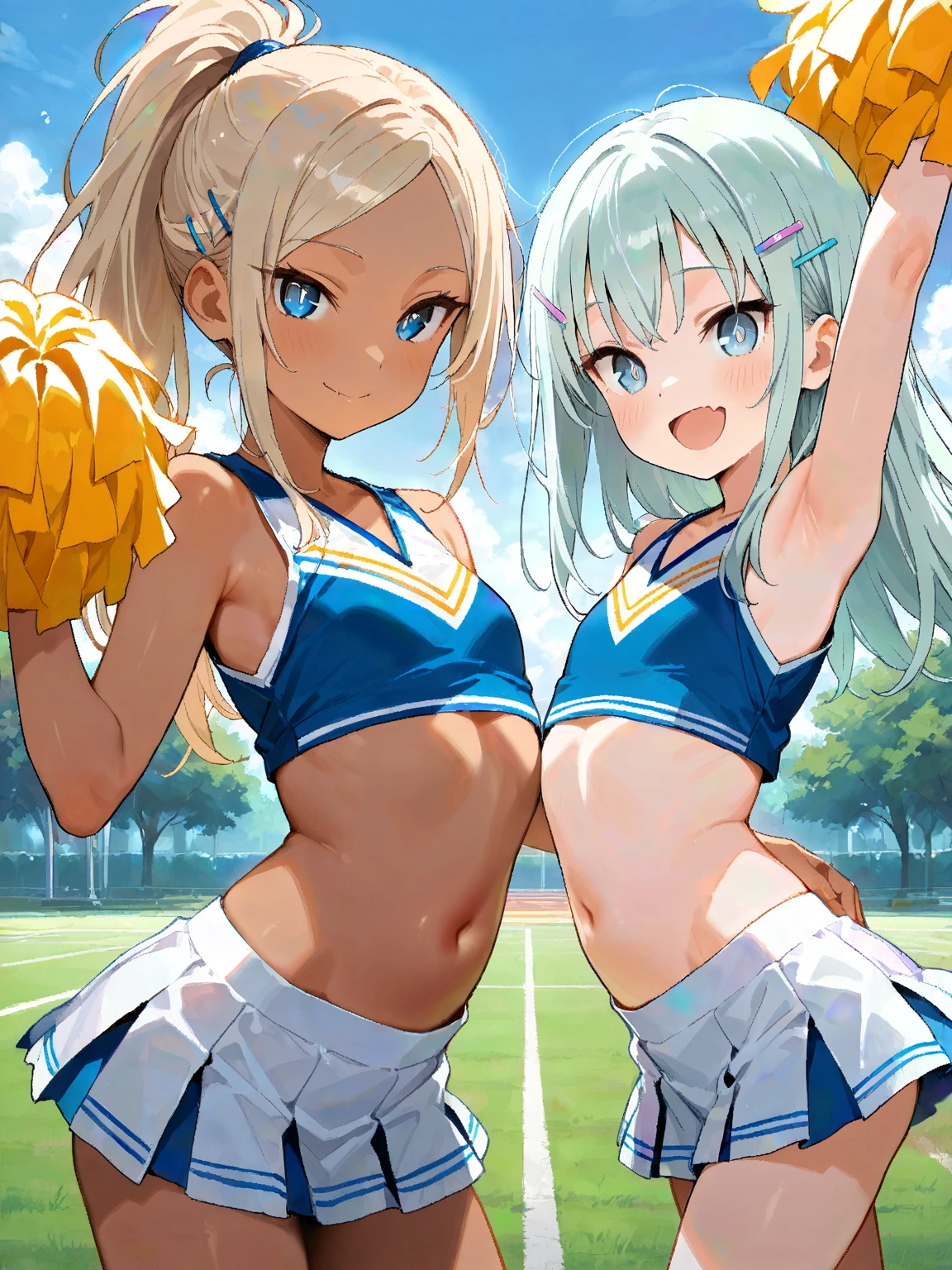 2人の女の子(,young girl ,short stature,gyaru)) ,flat chest,nsfw,,,big head、black hair,long hair,.cheerleader,stand,pussy.shy, sexual ecstasy, blush
