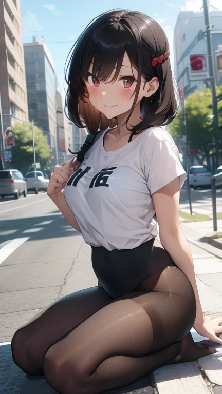 masterpiece, best quality, highly detailed background, perfect lighting, best quality, (extremely detailed face), volumetric lighting, intricate details, shadow, tonemapping, sharp focus, hyper detailed, trending on Artstation, (solo) ((Looking at the viewer)), ((city background)) .Girl with medium black hair. Blue eyes. curvy. Blush, Clear skin. Big bust. Smile ((Scantily clad)) ((Sports shoes)) ((black clothes))