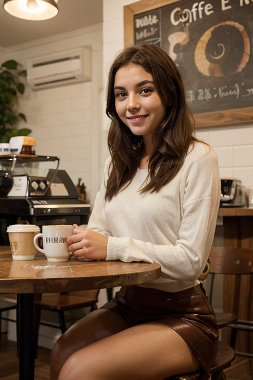 A beautiful woman with long, flowing hair and captivating eyes, wearing a delicate lace top, sitting at a cozy coffee shop. She is smiling softly as she holds a cup of coffee, with a warm and inviting ambiance around her. The background features rustic wooden tables, comfy chairs, and soft lighting, creating a perfect setting for a relaxing afternoon. Ultra High Resolution, Photo Realistic