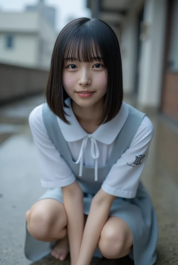 Masterpiece、Raw photography、(((Ultimate Beauty Portrait)))、((glistning skin))、close mouth、no mask、dark brown eye、teen、highschool girl、age 15、natural make、short bob、((masterpiece、top-quality、ultra-detailliert、intricate-detail、hight resolution、highly detailed))、8KUHD、Digital SLR、Soft light、high quality 、Shallow depth of field、natural soft light、Squatting, Shy smile , Beautiful skin, ((of the highest quality, 16 K, masterpiece: 1.3)), 1 girl, Light on Face, hyper detailed face, very detailed lips, Detailed eyes、real looking skin、(white panties:1.4)、Skirt lifting、skirt lift、whole body、pleated skirt, wearing loafers, wearing short socks, heels on the ground, japanese student uniform