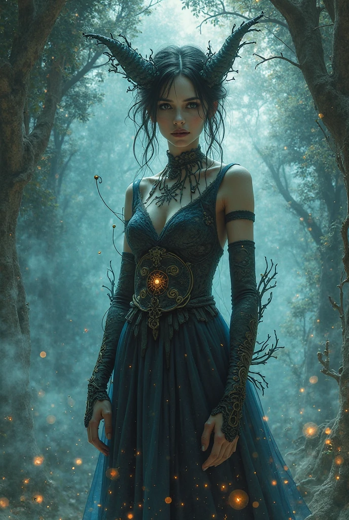 The goddess of the nature, she has a short brown hair pair with her brown eyes with her black dress and wounds around her arm and legs, and her other eye is blind, tanned skin with an almond eyes 