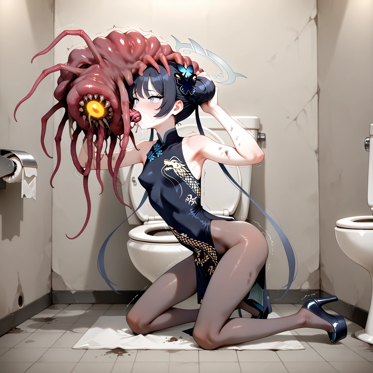 Focus male, monster swallowing, homo, gay, male to male interaction, cross section, tongue licking, orgasm face, forced blowjob, penis, muscle tentacles, four sided tentacles, penis, rape, 27 year old male, short black hair, severely torn He wears a suit, a white shirt and a black tie, semen gushes out of his anus, and a tentacle is inserted into his anus. A large amount of cloudy liquid poured down on his body, and he was restrained by countless tentacles surrounding him.