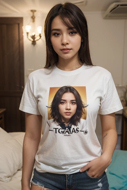 latin woman kawaii face brunette 17 years old black hair brown eyes wearing black t-shirt and skirt at home sitting