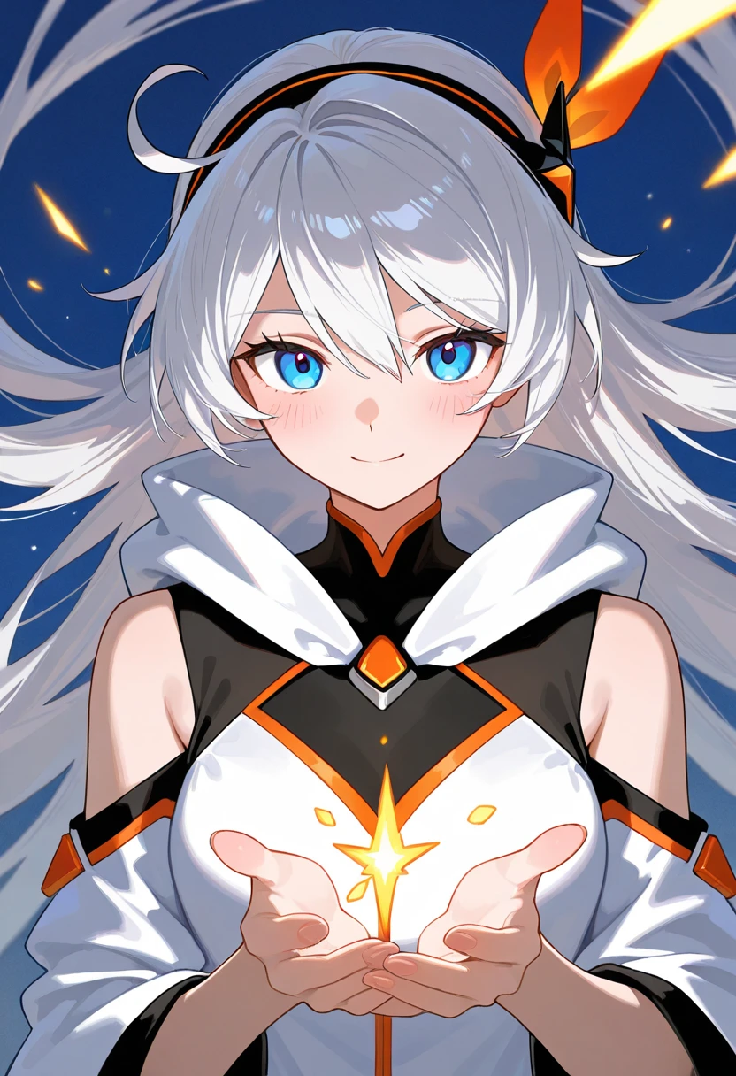 mirko mha, dark-skinned female, turtleneck sweater, large breasts, blush, white sweater, 1girl, rabbit girl, red eyes, turtleneck, ribbed sweater, smile, animal ears, long sleeves, rabbit ears, sweater, looking at viewer, solo, white hair, long hair, open mouth, very long hair, dark skin, thighs, teeth