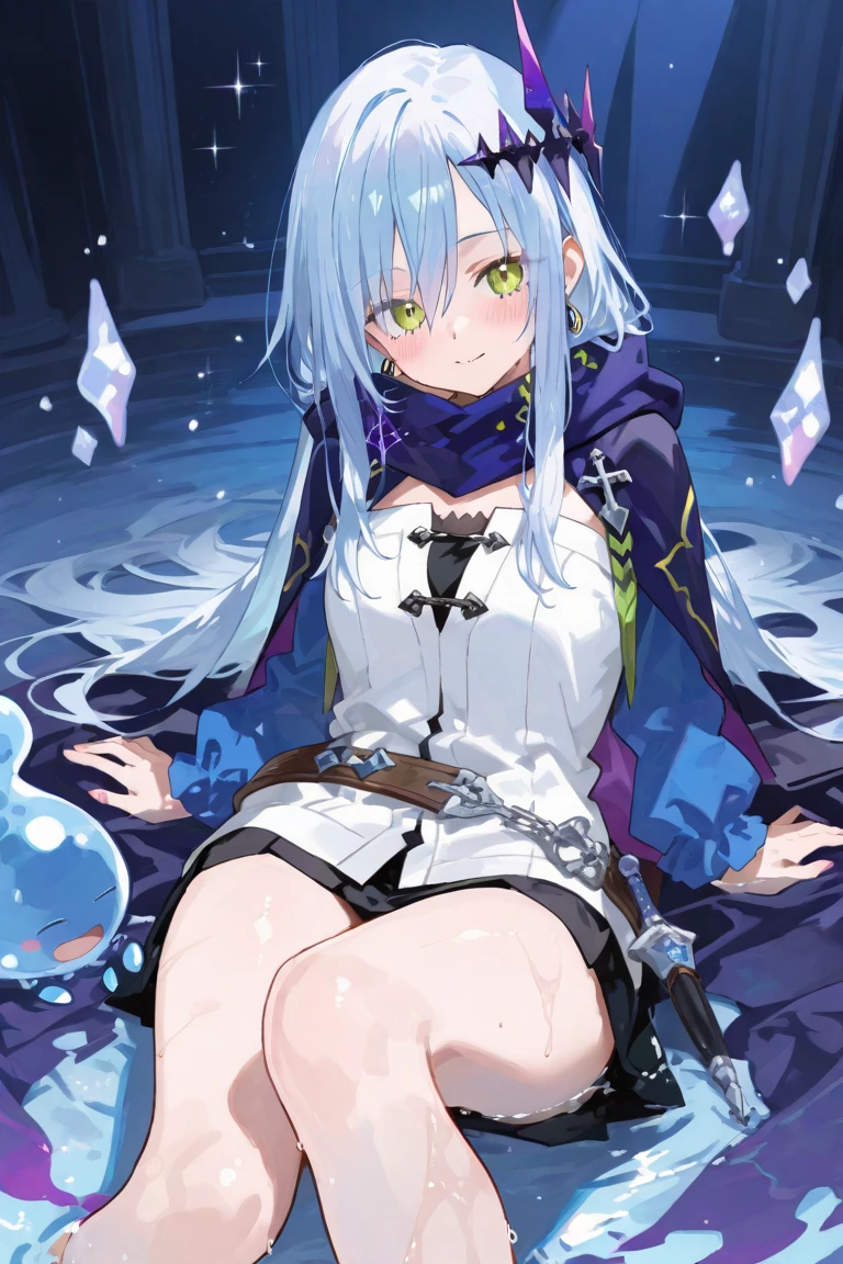 masterpiece, best quality, girl, solo, squat down, hood cloak, bare leg, look at viewer, huge ice, blue background, from above,
<lora:IsekaiOjisan-Mabel-release-v1.0:0.7>, [:hair flower: 0.5],