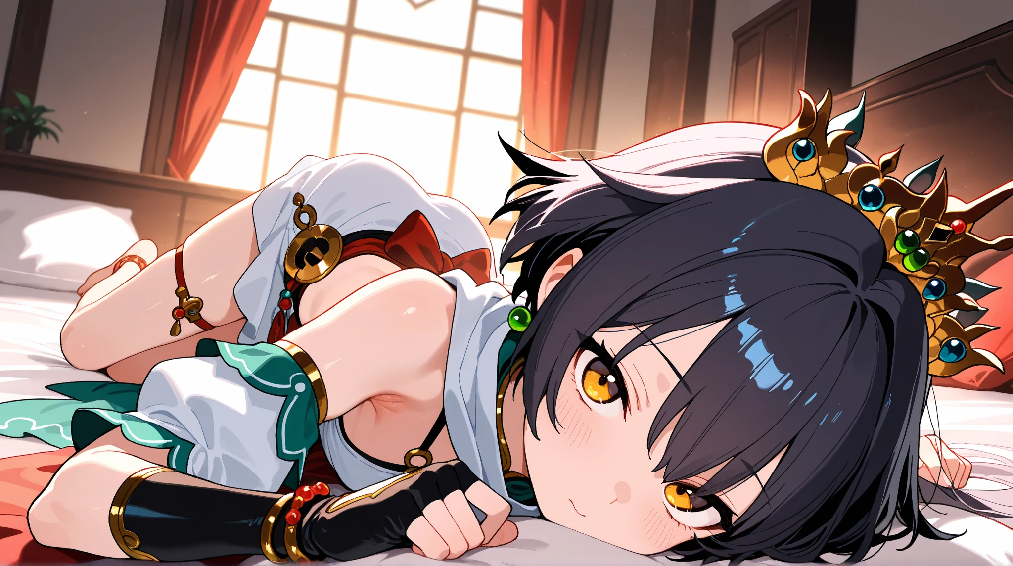 NSFW,What is sung,Nekone,long hair,brown hair,(red eye:1.3),ribbon,animal ears,twin tails,ヘアribbon,mole,目の下のmole,micro mini skirt,pink panties,detached sleeve,off shoulder,sticking out one&#39;s shoulders,Navel exposed,shy smile,blush,lying down,inn room