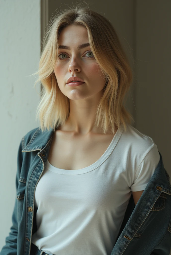 Beautiful blonde in a white T-shirt in the rain