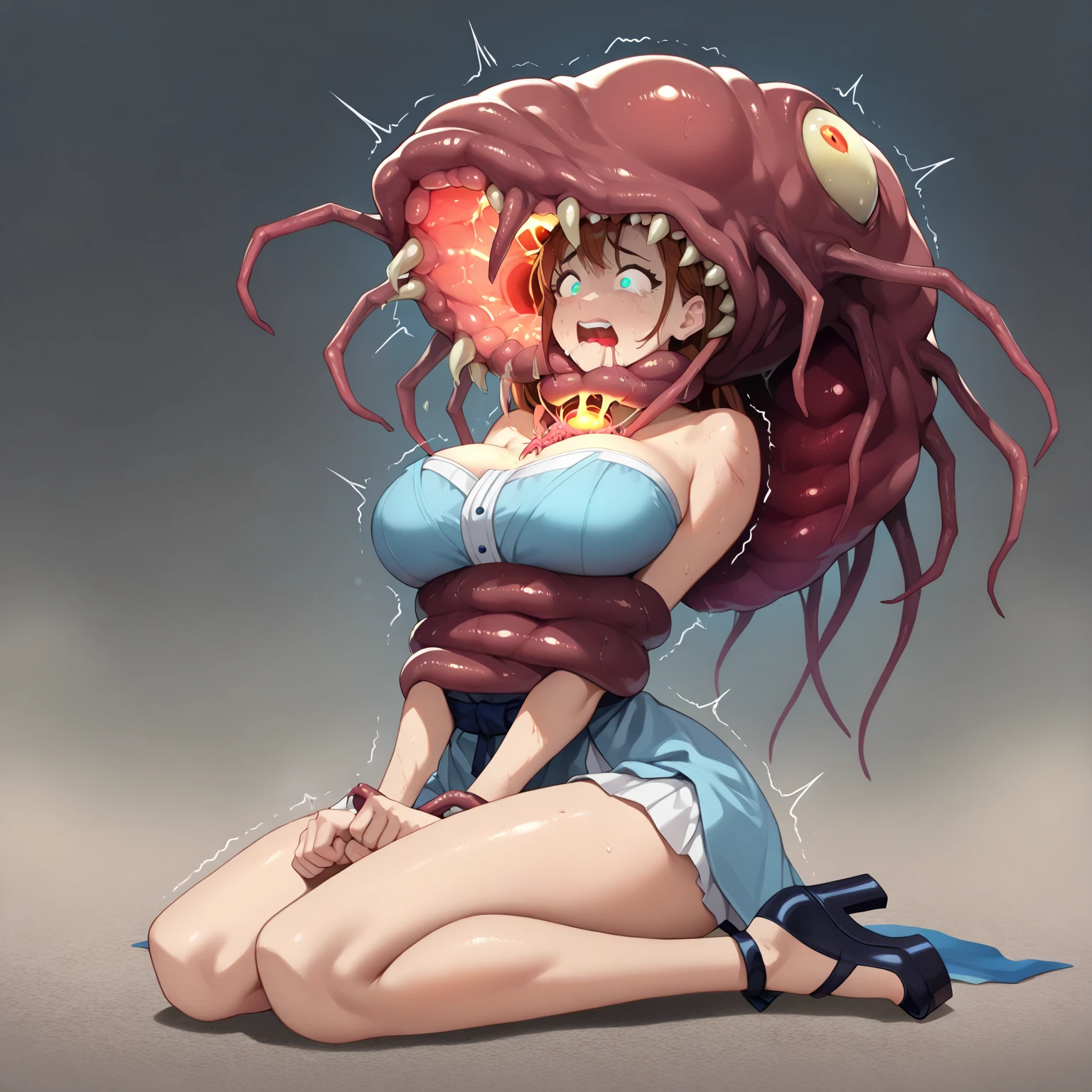 (((nsfw:1.3)))、highest quality、All limbs、full finger、one beautiful woman、((Woman with red hair:1.4))、long hair、ponytail、big breasted woman、high school girl、Kneeling、(((Navy blue sailor suit style school swimsuit with zipper:1.5)))、(((A woman whose zipper is fully open exposing her chest and stomach:1.5)))、((sleeveless school swimwear))、bare hands、(((brown pantyhose)))、(((A woman is surrounded by countless red tentacles.:1.5)))、(((Tentacles get inside the leotard the woman is wearing)))、The tentacles are wrapping around the woman's arms and pulling them.、The tentacles are wrapping around the woman's legs and pulling them.、Tentacles wrap around a woman's body、(((A tentacle penis is inserted into a woman's pussy:1.5)))、(((The tentacle is pouring semen into the woman's pussy)))、(((Woman's body is covered in semen)))、((((The woman is panting with her mouth open due to acme.:1.7))))、suffering face、(((woman crying at climax:1.3)))