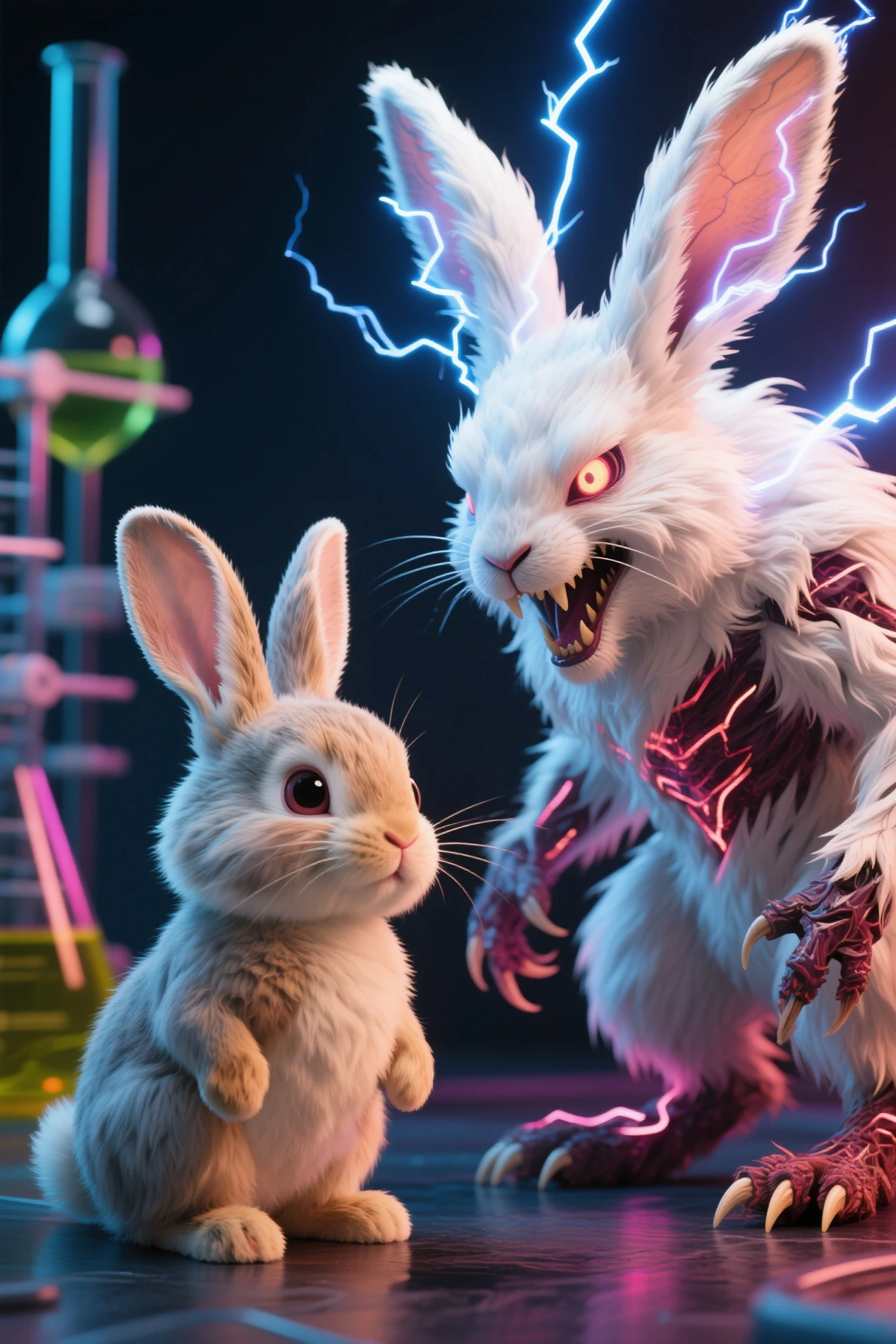 The theme is evolution, like the evolution of Pokémon, Hase, show the hare with a clear difference between before and after evolution,
Please strengthen the effects even more, cute little  develop into monster , Powerful animals are characterized by their white fur and are charged with electricity
