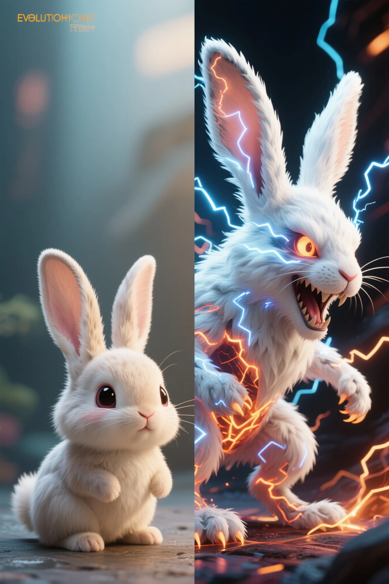 The theme is evolution, like the evolution of Pokémon, Hase, show the hare with a clear difference between before and after evolution,
Please strengthen the effects even more, cute little  develop into monster , Powerful animals are characterized by their white fur and are charged with electricity