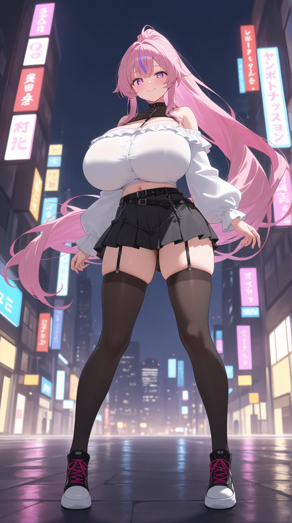 8k,UHD,Top-quality,Ultra high definition 8K illustration wallpaper,Super high resolution,Masterpiece,Intricately detailed,Blurry background,Depth of field,Tonemapping,Sharp focus,Trending on Artstation,Looking at viewer,Full body,Cool girl,1girl,Solo,Gigantic breasts,Pink red hair,Very long ponytail,Black eyes,Sharp eyes,Jitome,Black leather jacket,Denim shorts,Black thighhighs,Open clothes,Silver bikini,Mechanical Boots,Guitar,Outdoors,City