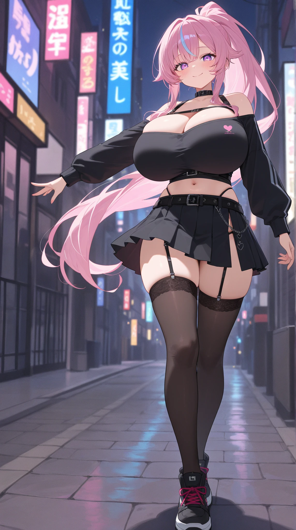 huge,pink hair,fox ears,Teenage girl,super short skirt,Teasing the villain,A giant girl taller than a building,Wearing black knee socks,city-destroying,miniature city, low angle of view,shrouded in the villain,Lifted up the skirt,horny face,