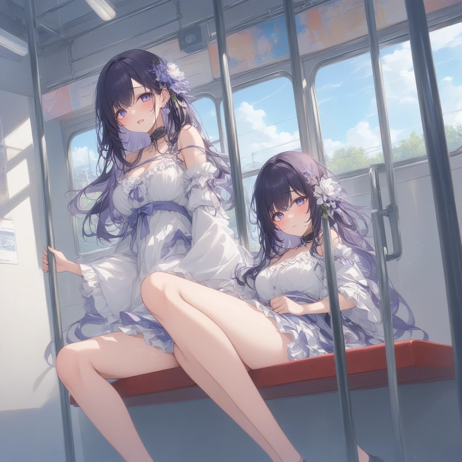 best quality,masterpiece,illustration,an extremely deciple and beautiful,extremely detailed,CG,unity,8k wallpaper,Amazing,finely detail,master,best quality,official art, extremely detailed CG unity 8k wallpaper, ridiculous, incredibly ridiculous, huge file size, super detailed, high resolution, very detailed, pretty detailed girl, very detailed eyes and face, beautiful detailed eyes, light on face, (Hanfu: 1.1), 1girl, full body, full body In a beautiful pavilion, a girl with black hair and white dress, white knee-length stockings sitting on a stone bench, looking at the blue sky and white clouds in the sky. A gentle breeze ruffled her hair. The water splashed from the waterfall behind him, wetting the skirt. The sun shone on her, and she smiled, wet