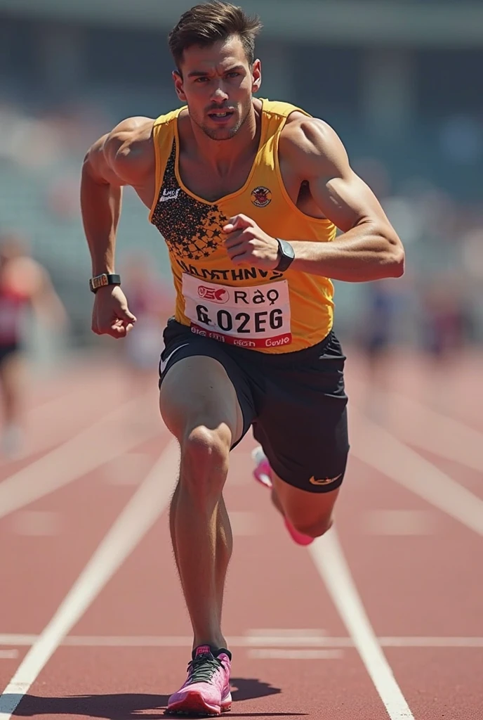 Gerar uma imagem realista: Young athlete in intense action during a sports competition. Show happy expression, Authentic costume with logos, dynamic scene with competitors, Espectadores, e atmosfera vibrante.