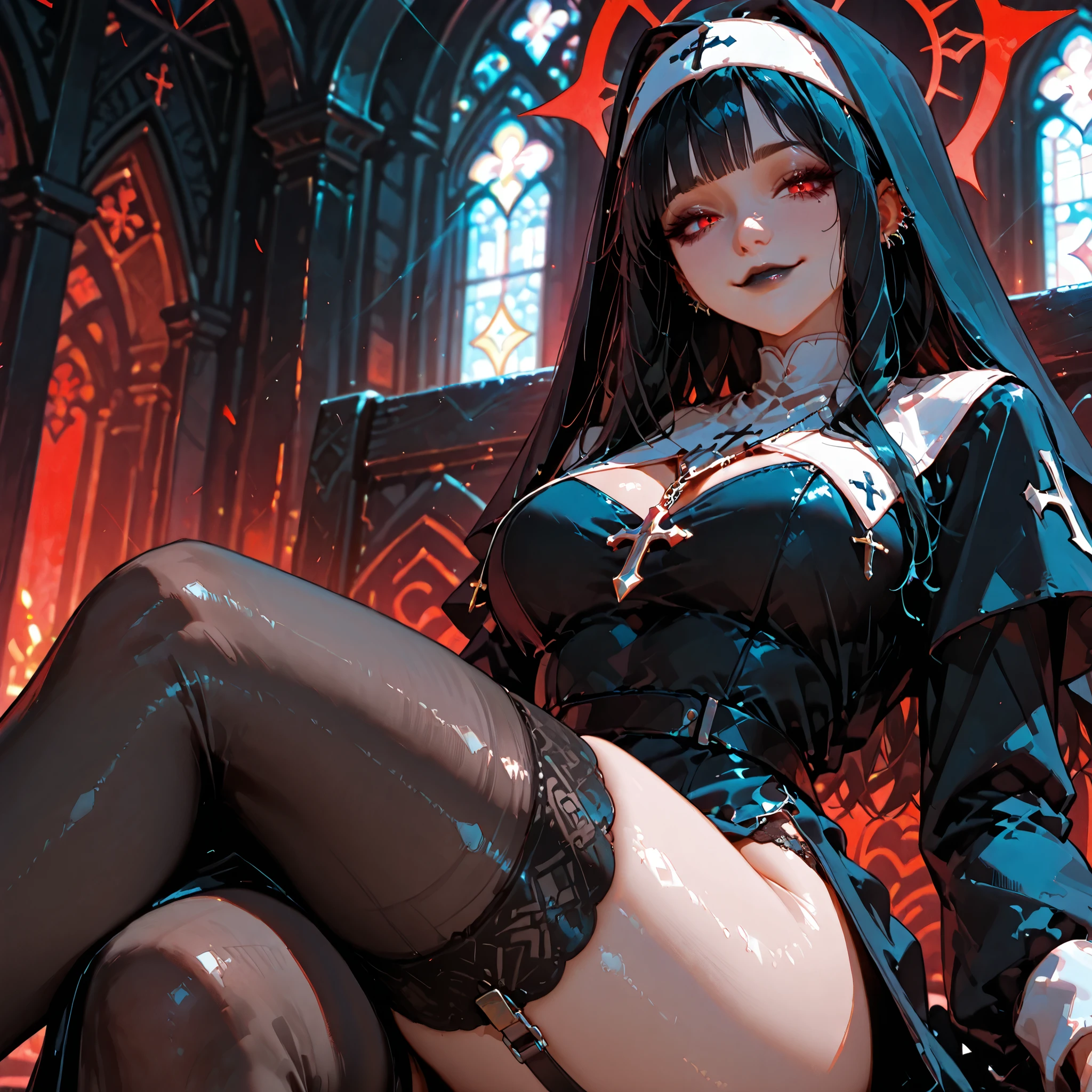 ((best quality)), ((masterpiece)), (detailed), perfect face, (((Big tits))), hot young curvy girl, black lava outfit, stocking, white latex slime, beautyful face, high heels, (( long length hair)), ((detailed eyes)), lightning in the background, ((dark horror castle in the background, ((lace thigh fix), garter belts (((the clothes melt off her))), (((black paint splattered on it))), (flying dragon in a background), white damaged corset, ((her clothes were torn in several places))), high heels boots,white latex lingerie, (nun costume), (((he wearing a white venom face mask))), venom, white dark venom, ((black lacy brassiere)), perfect detailed , (detailed eyes), ((crossed legs)), (((platform high heels boots))), hot long legs, ((full body)), hot ass, ((it is photographed from side and above)), (sitting a chair), ((crossed legs)), ((fullbody)), white latex, erotic pose, boob, white corset, (((large fishnet stockings)))