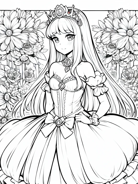 ink drawing art illustration coloring page of girl with skirt dance, white hair, wear a princess dress, highly detailed hair, face happiness, clean line art, highly detailed, art station, wearing the flora crown, concept art, sharp focus, illustration, beautiful eyes, free lines, character sheet, 8k, full body length, master peace, Rose and flowers background, highly detailed, art station, concept art, sharp focus, illustration, free lines, on paper, character sheet, 32k, Full body, white background