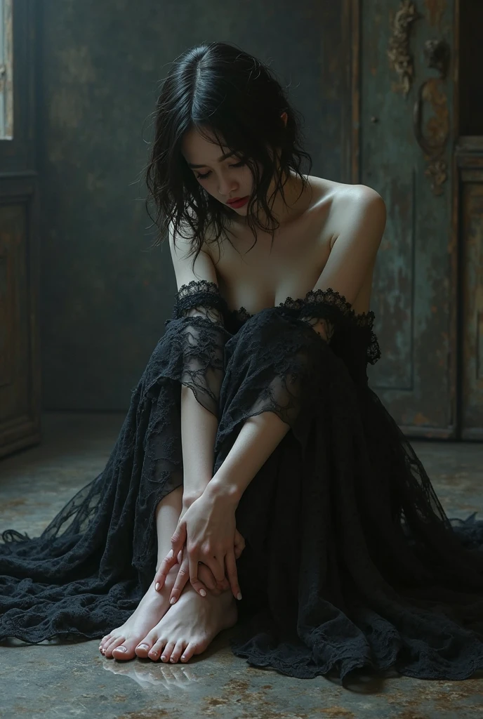 (YES SFW), A dressed girl desperately needs to relieve herself、(she wears a veil and a rag, a sheet around her waist, a shawl on her shoulders), (Correct anatomy of the fingers)、（Draw hands and feet separately)、very beautiful、Ideal proportions、small breasts、Very stylish、barefoot、(Food section of a supermarket:1.37)、(Squat with your legs wide apart:1.37), skirt on knees、(Place your hands on your knees and skirt)、(Anguished expression:1.4)、looking at the camera、Photographed from the front、Close-up、highest quality、Super detailed、Real、Beautiful proportions、Vibrant colors、Sharp focus、Tense atmosphere、Classical composition、art、Striking details、Artistic subtleties、Harmonious color palette、Sublime Beauty、Aesthetic perfection、Captivating eyes、Pure brilliance、Impeccable Features、Dreamy atmosphere、Sophisticated style、Timeless elegance、Finishing the masterpiece、Exquisite craftsmanship、Meticulous attention to detail、Sublime proportions、Artistic excellence、living work of art、Otherworldly charm、Fairytale-like setting、Unforgettable gaze、Majestic presence、natural breasts, Smoke and clouds roil around her, adding to the sense of epic scale and drama. The lighting is dark, gloomy, and realistic, creating a tense and ominous atmosphere. The perspective is from below, emphasizing the sheer majesty and power of the girl. [The character is surrounded by mist, evoking a mysterious and eerie atmosphere. The lighting is dark and atmospheric, with a red smoke adding a touch of sinister ambiance. The image is of the best quality, with a resolution of 4k and HDR enhancement, showcasing the utmost level of detail and realism, sfw, full body shot.]