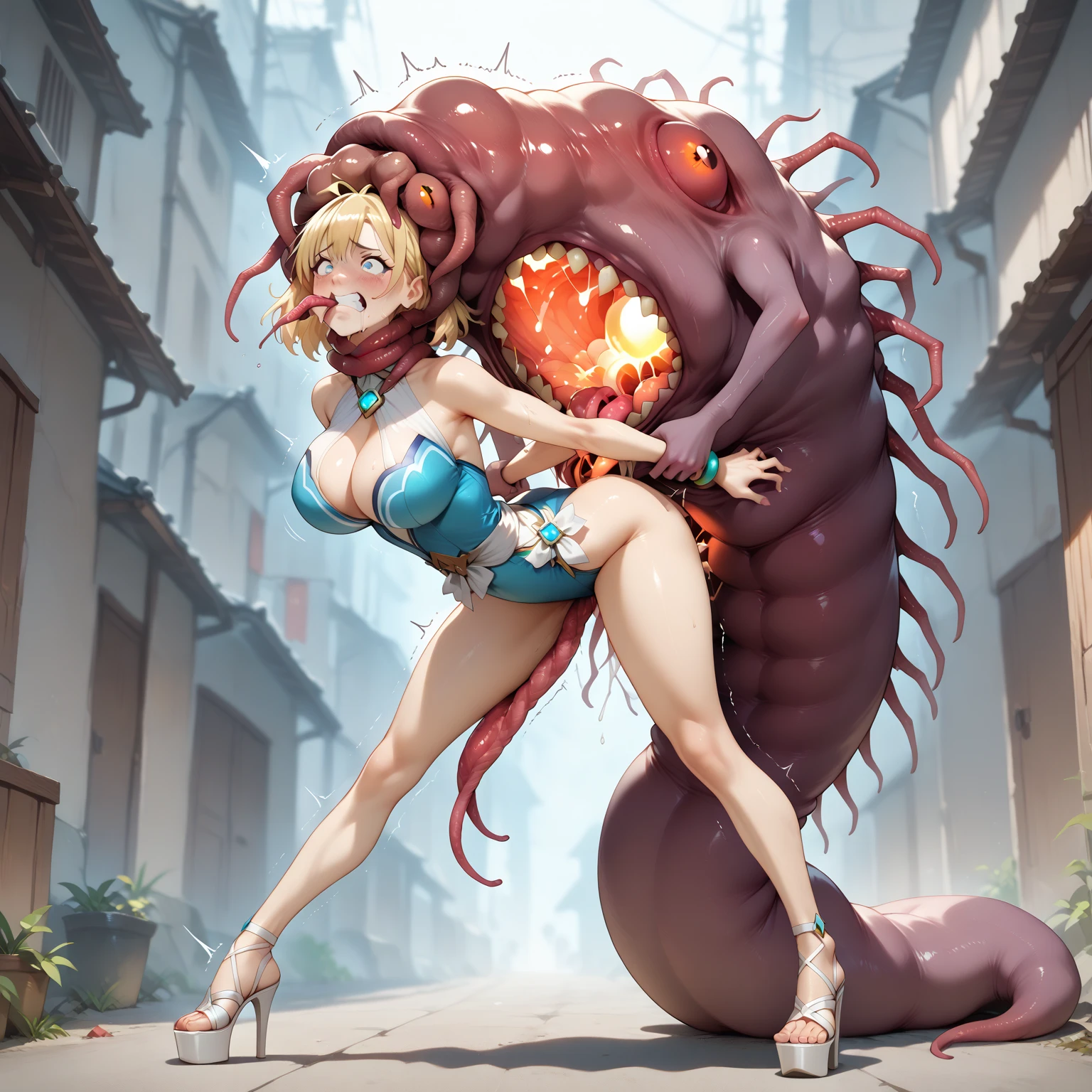 A tentacle man holding four tits behind his back Tentacle Girl, Goddess, Royal Sister, Slime, Parasitic Devouring, Mucus, Disgusting, Blush and Shyness, Big Breasts, Super Tall Female Monster, Female Monster Standing by a Tall Building, Big Mac Female Monster Man, Female Monster, Huge Banshee, Behemoth, Huge Oppression, Horror and Beauty