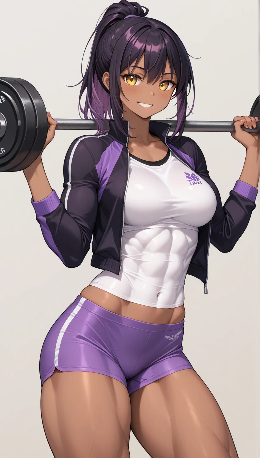 dark eye shadow,shining eyes,beautiful young fitness woman with , in a gym wearing May with black pantyhose, tight white and purple gym jacket. standing alone,hair horns,glowing purple eyes,Evil smile,legging preto ,labiaa,dark eye shadow,shining eyes
