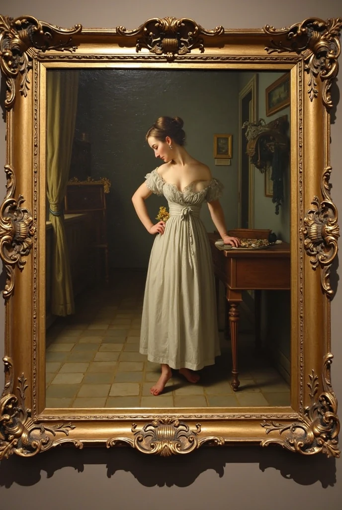 wrapped in fabric posing on her back inside the room illuminated 18th century painting