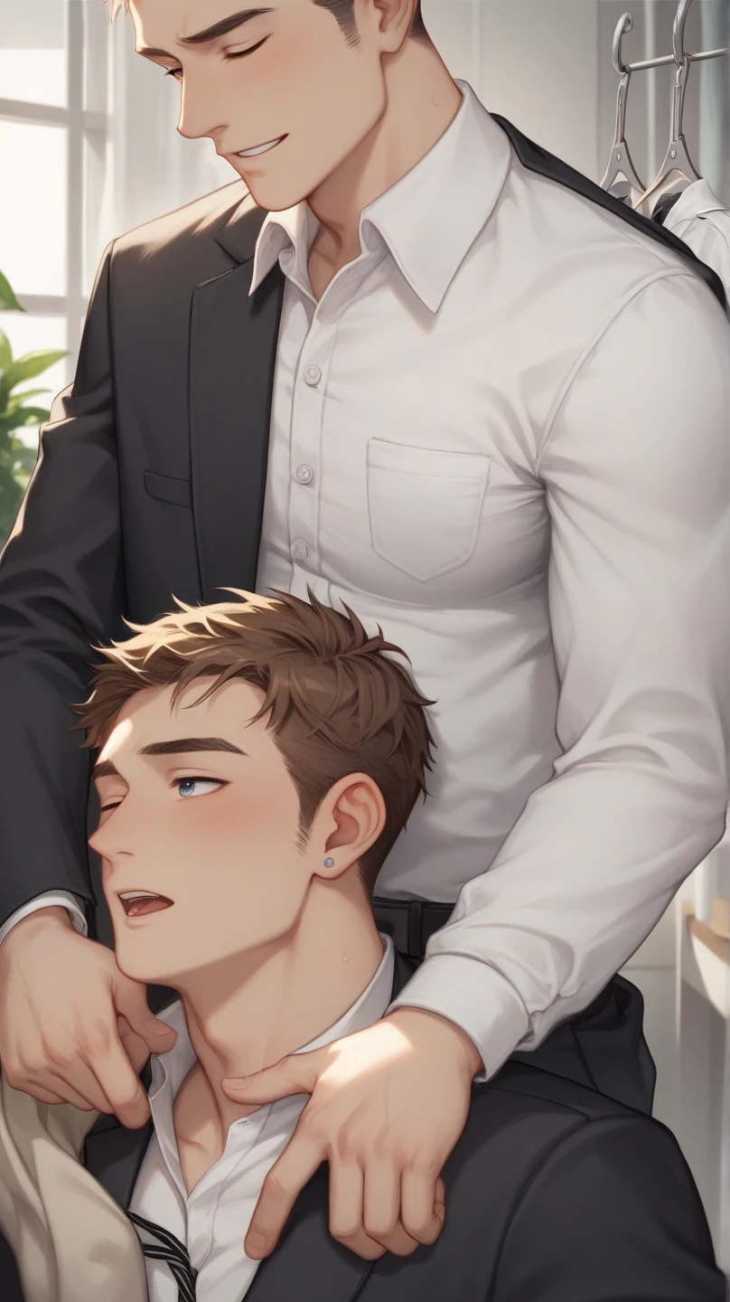 best quality, masterpiece, nerdy fit man with short blond hair, masturbating while kneeling under a table to suck a sitting chubby man's penis, fellatio, deepthroat, cheek bulge, dripping saliva, grab hair, blushing, sexy, gay, homoerotic, in dark office, ambient lighting, extremely dramatic shadows, full body, fill frame, perfection, no watermark, no logo, no signature
