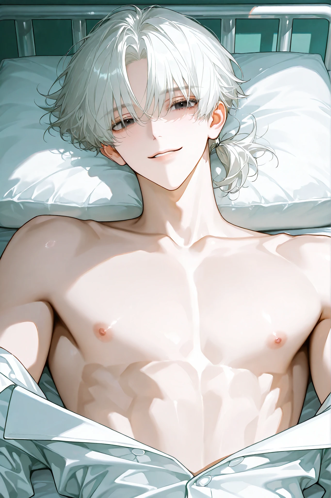 Ultra detailed, Highres, absurdres, HDR, Hawks, ash blond hair, expressive brown-golden eyes, bare chest, faint stubble, Boku No Hero Academia, white flowers, winter, ice, snowflakes, petals, handsome, sexy man lying on a bed, room, bed, solo, very detailed eyes and face, ice butterflies, master piece, toned chest, glittering, handsome smile, black pants