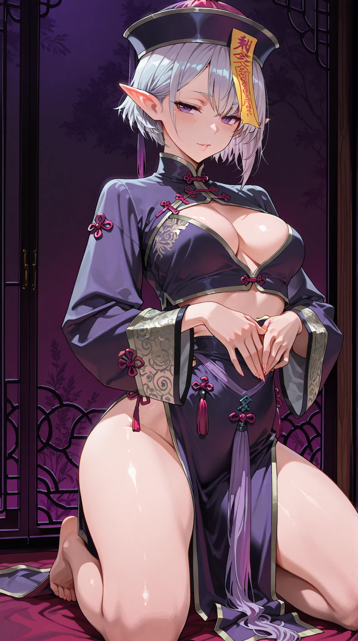 (((完美number,number,Long sleeve, Japanese clothes, kimono, Feather, black kimono, likewise, black likewise,(((Isana Kotetsu, short hair, Weaving, white hair, (Purple Eyes:1.1), (((Big Breasts,Cleavage)))hair Weaving, ))),(((Wide hips))),S型number:1.7))),((masterpiece)),high resolution, ((Best quality at best)),masterpiece,quality,Best quality,((( Exquisite facial features,Looking at the audience,There is light in the eyes,blush,Happy))),(((Interweaving of light and shadow,huge ))),(((Looking at the camera,Fighting Stance,ghost road,glow,From below,look up)))