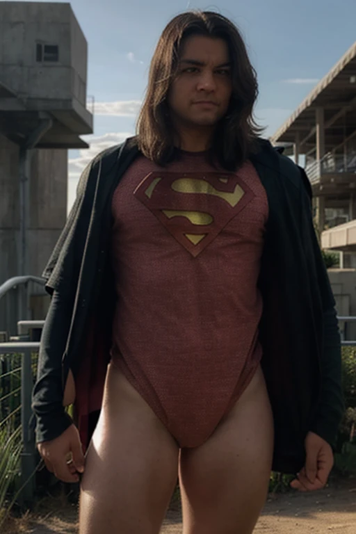 Distant view: A prison in a cave filled with glowing green ore. Superman has been imprisoned for a long time and is dirty and frail from starvation, with his ribs visible. His dirty and bulging white briefs, his thin and emaciated limbs, his dirty naked body and dirty underwear, his hairy body with long hair, long beard, mouth open with brown teeth, the Superman mark on his chest, his thick body hair, he is reaching out his hand through closed iron bars, asking for help. High quality photo
