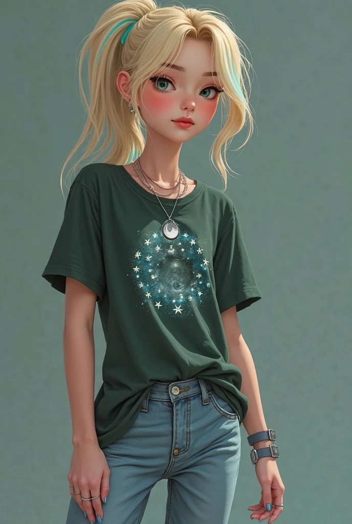 Anime girl with short white hair, with pale skin and light green eyes, with glasses, with yk2 style clothes, that the t-shirt is long and wide with a black star print and the shirt is beige, with wide and big pants, Converse brand shoes and a beautiful sky with many stars, What a girl looks like, that measures more or less 1.69.