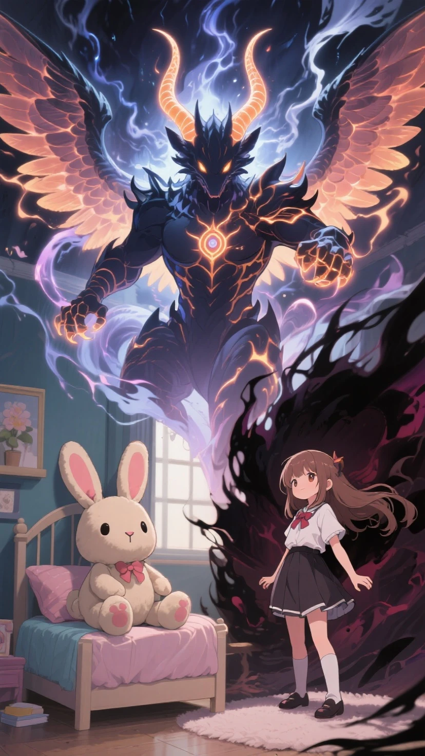 A stuffed  sitting quietly in a girl's room transforms into a towering magical beast with glowing horns, swirling energy, and storm wings, defending the girl from a dark force, dual-form composition showing normal and evolved states, anime fantasy style